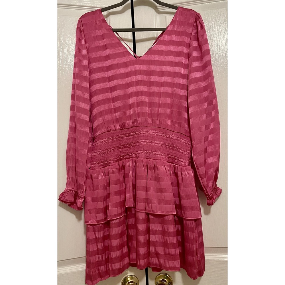 1.STATE Dress Womens Medium Pink Striped Long Sleeve Ruffle Tiered Mini Party